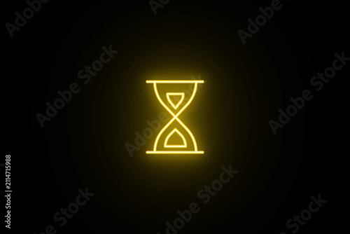 Neon glowing lighting Hourglass Icon with Flowing Sand on black background. Neon glowing Hourglass icon showing sand flowing steadily. Neon lighting hourglass timer icon symbol on dark background.
