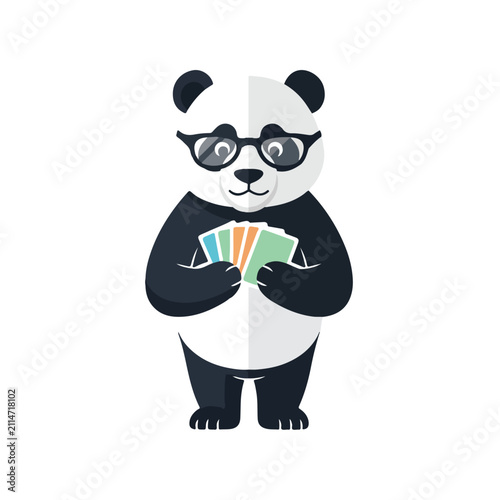 Foto A minimalist flat vector design of a bespectacled giant panda mascot character holding a fan of colorful playing cards in its paws