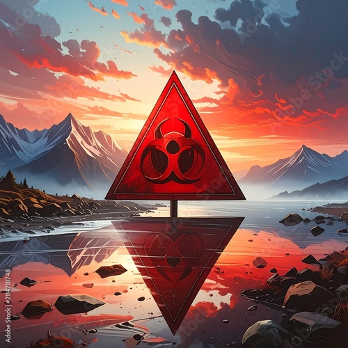 A red warning sign stands by a serene lake with a mountain range and vibrant sunset