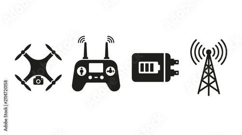 A collection of black silhouette icons depicting drone technology components including a quadcopter, remote control, battery, and communication tower.