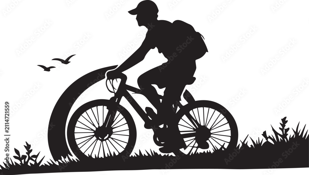 Fototapeta premium Silhouette of a man riding a mountain bike outdoors in nature with birds flying
