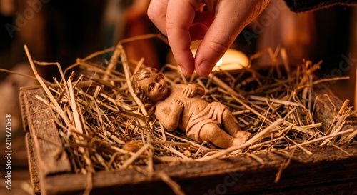 Hand placing a baby Jesus figurine into a wooden manger with hay