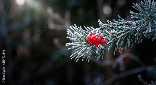 Close-up of frosted pine branch with bright red berries in winter forest
