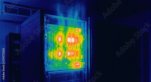 Thermal imaging of overheated server rack in a data center with high temperature hot spots