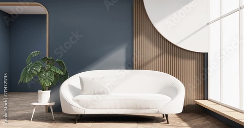 Mock up empty room Modern blue color tone interior modern minimal style on white granite floor.3D rendering