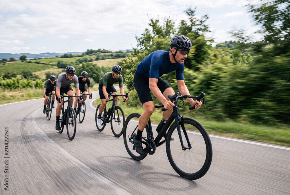 Fototapeta premium Group of Road Cyclists Racing Through Countryside