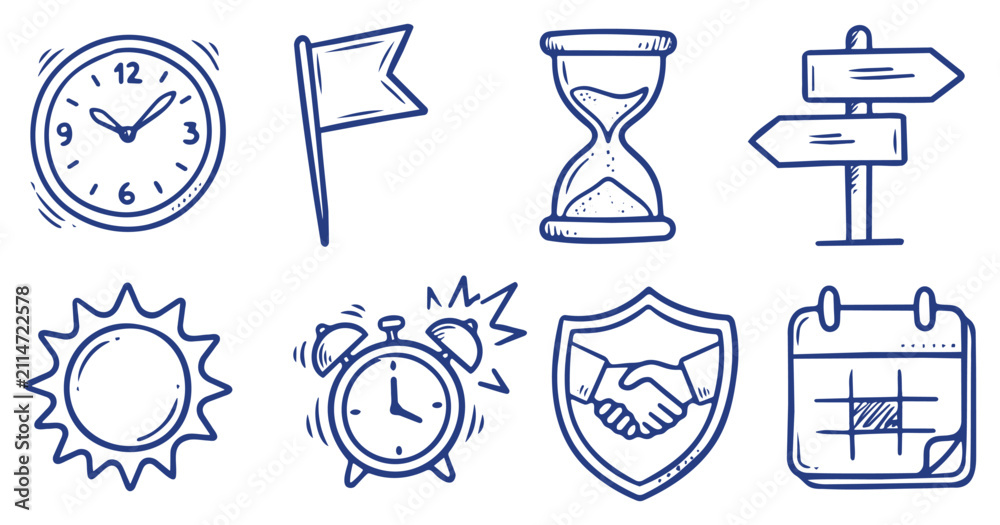 Fototapeta premium Time and business concept icons set with clock, alarm clock, hourglass, calendar, flag, directions sign, handshake shield and sun vector illustrations for planning, scheduling, deadlines and teamwork