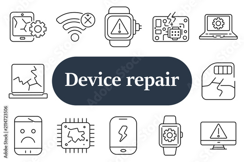 Device repair set icon. Broken screen phone, signal error, smartwatch warning, circuit board damage, laptop settings, cracked display, faulty chip, low battery, gear service, monitor alert icons.