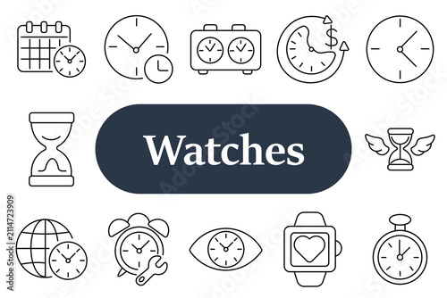 Watches set icon. Calendar date, analog clock, dual timer, money time, classic clock, hourglass, winged hourglass, world time, alarm clock, repair tool, eye clock, smartwatch, pocket watch icons