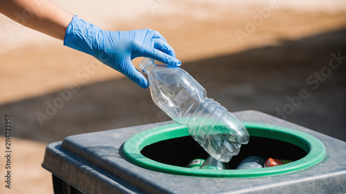 Hand wearing a protective blue glove dropping an empty plastic bottle into a recycling bin