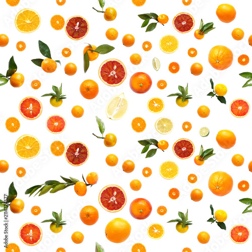 Seamless Citrus Pattern with Oranges, Lemons, Mandarins and Blood Oranges Isolated on Transparent Background, Top View