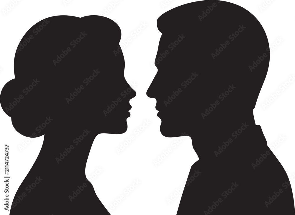 Fototapeta premium Romantic Couple Silhouette Profile Vector Illustration of Man and Woman in Love with Heart Family Symbol Black Icon Design
