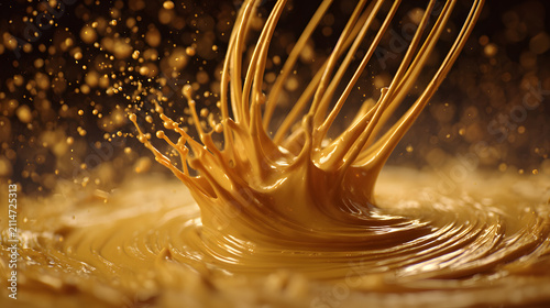Golden milk swirl with whisk creating dynamic golden peaks and slow motion splash conveying warm creamy texture and motion