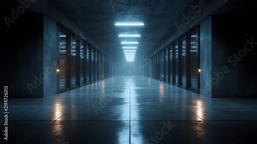 Server room underground data center corridor cool blue lighting reflective floor security racks hum of servers, atmospheric tension and depth
