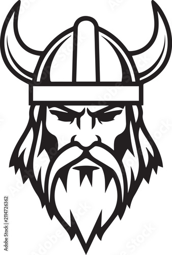 фотографія A fierce Viking warrior's head, depicted in a graphic, stylized illustration, sports a horned helmet and a long, flowing beard, exuding an aura of ancient power and Nordic heritage