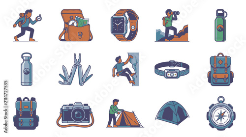 Camping gear and mountaineering activity flat icon set.