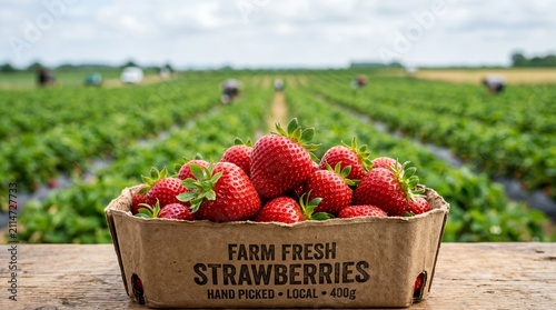 A punnet of farm fresh strawberries on a wooden table with a strawberry field and workers in the background.