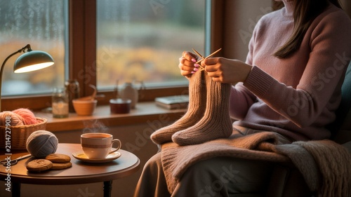 Woman knitting socks in a cozy atmosphere with tea and cookies nearby