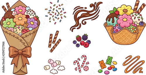 Cute Ice Cream and Candy Vector Element Set with Waffle Bowl, Bouquet Design, Sprinkles, Toppings, Berries, and Sweet Dessert Illustrations