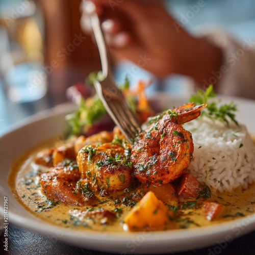 Person eating creamy shrimp curry with white rice and fresh herbs delicious culinary