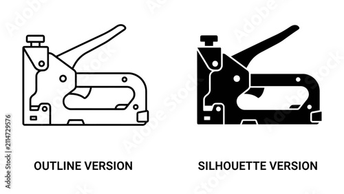 Принти на полотні Staple Gun Icon: A dual representation of a staple gun, presented as both a clean outline and a solid silhouette, ideal for design and digital use