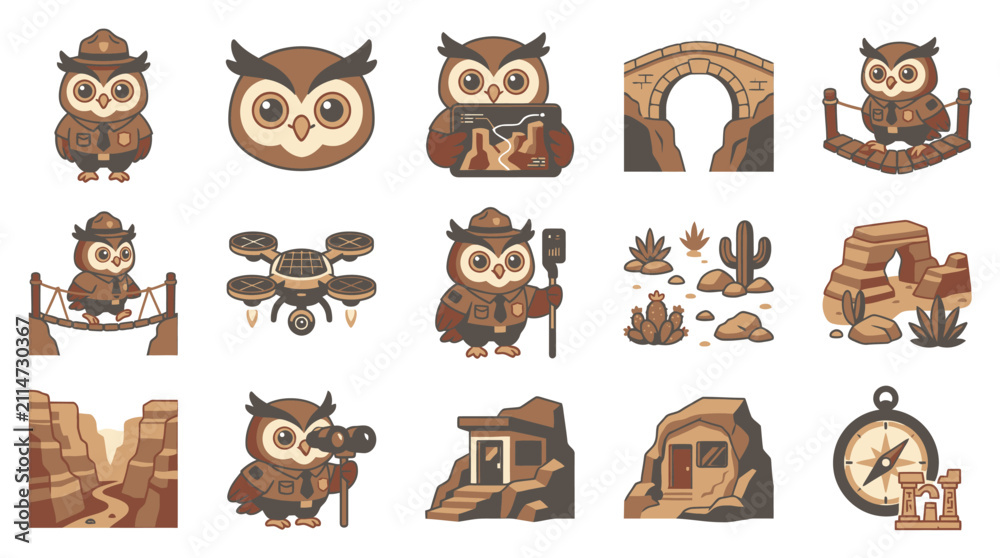 Obraz premium Canyon owl exploration and desert landscape icon collection.