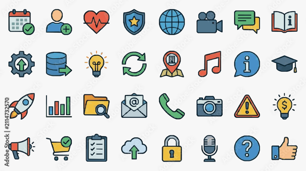 Fototapeta premium Dynamic Colorful Icon Set Featuring 40 Unique Flat Design Symbols for Web Apps Presentations and Marketing Materials