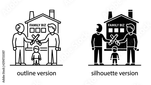 Konstfotografi Family Business Transition: Two men, presumably a father and son, are depicted in both outline and silhouette versions, standing before a building labeled FAMILY BIZ