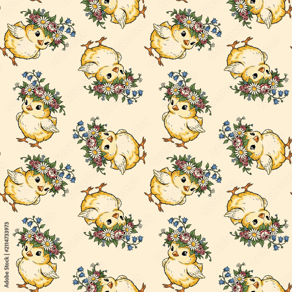 Naklejka premium Pastel cute chicks with flower crowns pattern background
