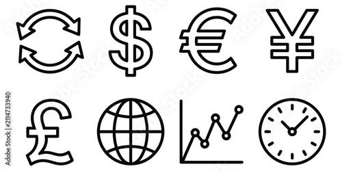 Global currency and financial data analysis icons with currency exchange business analysis investment monochrome international statistic