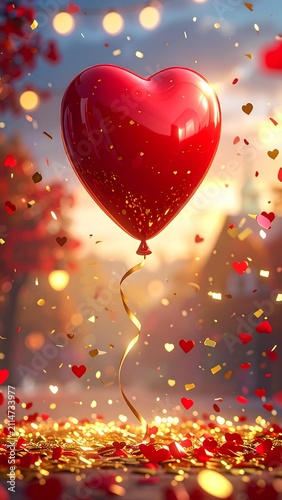 A red heart-shaped balloon floats amidst golden and red confetti