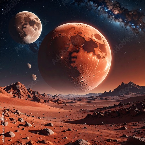 A reddish planet looms large over a barren, rocky landscape with smaller celestial bodies in the background