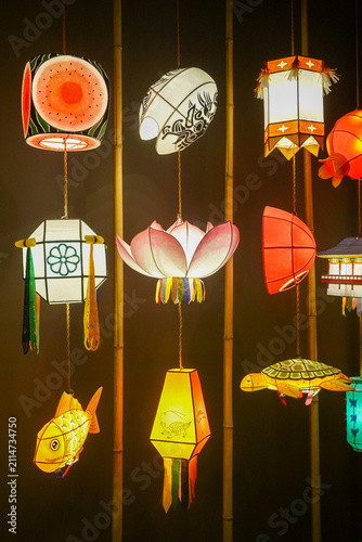 Colorful Lantern Display In Dark Gallery