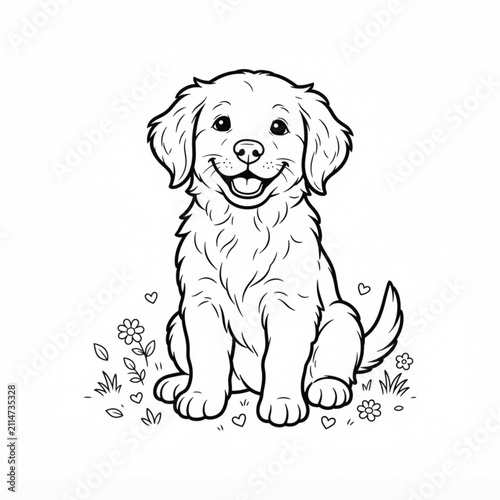 Cute Puppy Dog Coloring Page Outline Illustration | Black and White Cartoon Line Art for Kids