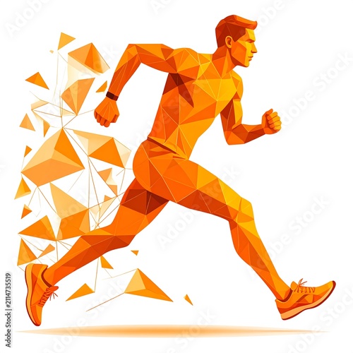 A polygonal illustration of a man running with fragmented orange shapes