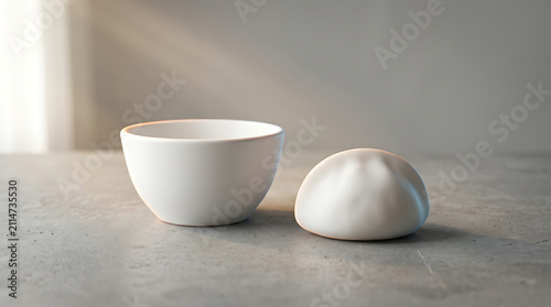 A White Ceramic Bowl and a Dim Sum Bun on a Textured Gray Surface with Soft Natural Light illuminating the Scene