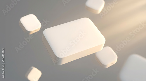 Abstract 3D Rendering of Floating Soft Rounded Squares with Dramatic Light Rays and Subtle Shadows on a Neutral Background