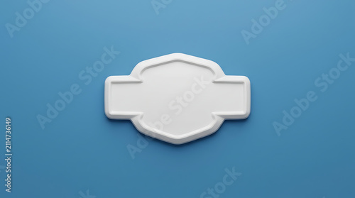 Abstract 3D Rendered Blank Emblem Badge Sign on Blue Background with Textured Border Detail and Subtle Shadowing for Copy Space