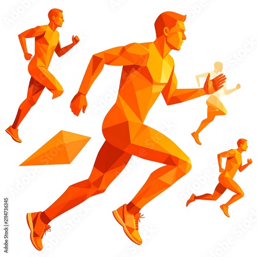 A polygonal illustration of four runners in various poses