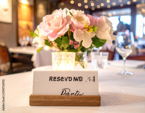 A reserved table setting with a floral centerpiece and place card