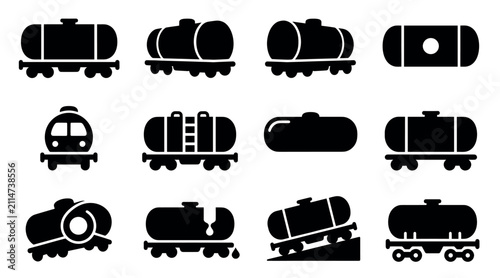 Various black silhouette freight train tank car icons are arranged on a clean white background in a grid pattern