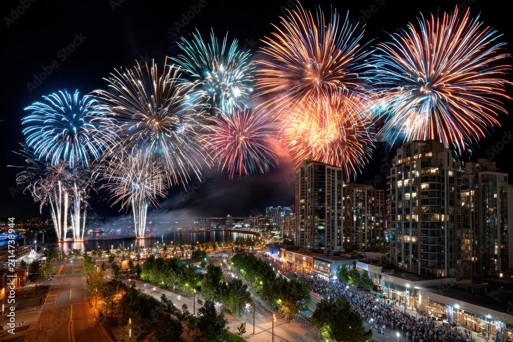 Obraz premium Fireworks over a waterfront city at night