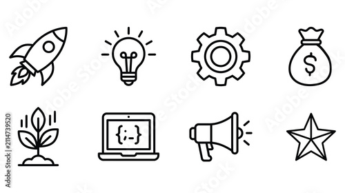 Business growth and startup development outline icons featuring rocket lightbulb gear money plant megaphone and star symbols business innovation