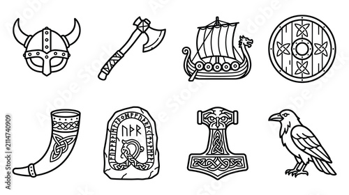 Set of viking symbols and mythology icons with mythology longship runestone scandinavian illustration historical medieval tradition norsemen