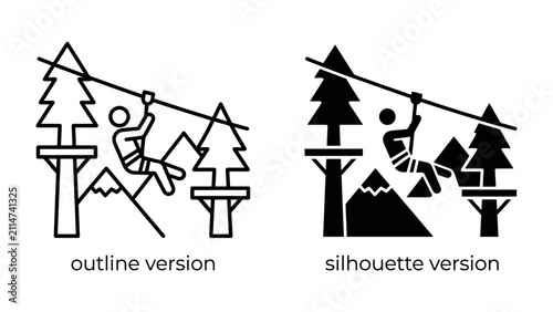 фотографія Zipline Adventure Icons: Two stylized icons depict a person ziplining between trees on a platform, illustrating the thrill of adventure sports