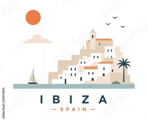 Ibiza Minimal Travel Poster, Spain Coastal Flat Vector Illustration
