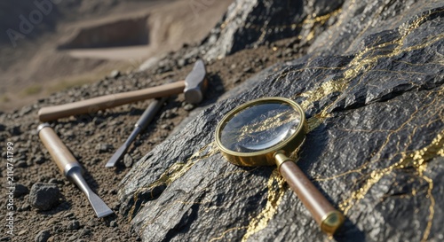 Geological exploration with magnifying glass and tools on rock.