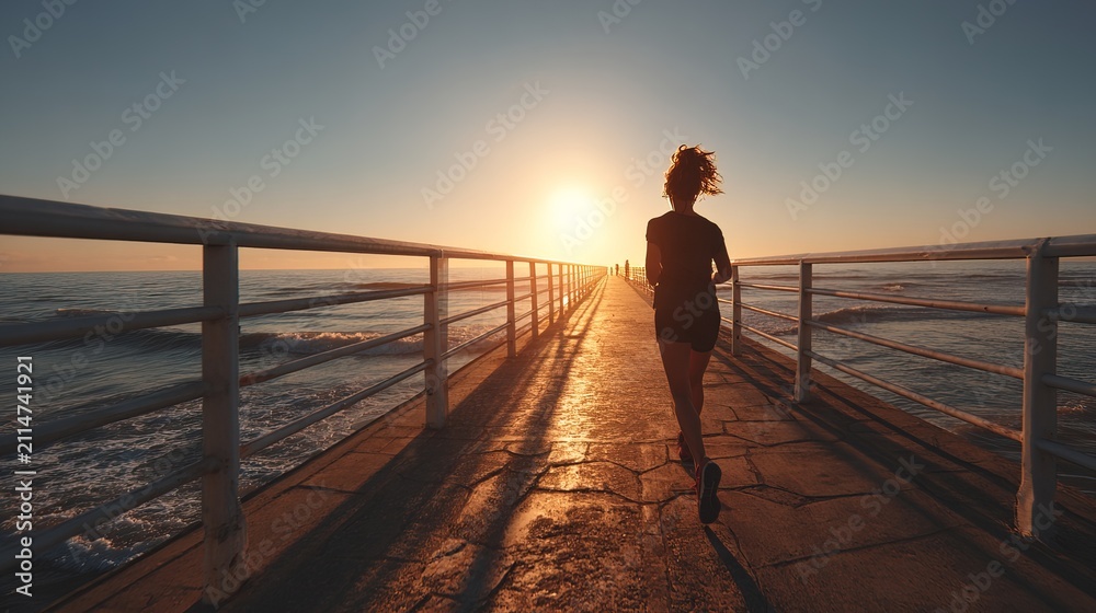Fototapeta premium A young woman runs along a pier next to the sea. The sun sets on the horizon, creating a warm glow. Waves crash gently against the structure as she moves forward