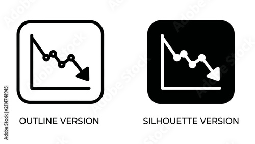 Foto Decline Graph Icon Set: A simple icon depicting a line graph showing a downward trend with points connected, presented in both outline and silhouette versions against a clean background