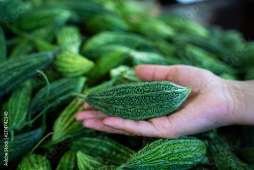 Konstfotografi Fresh bitter melon in hand at market
